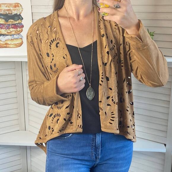Erin London brown cutout faux suede open jacket - Picture 2 of 10